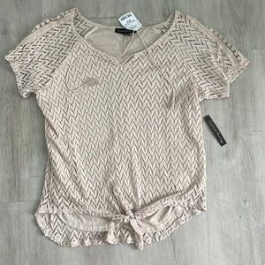 NEW French Laundry Crochet Bohemian Tie Front Tan Lace Short Sleeve Blouse Sz XL